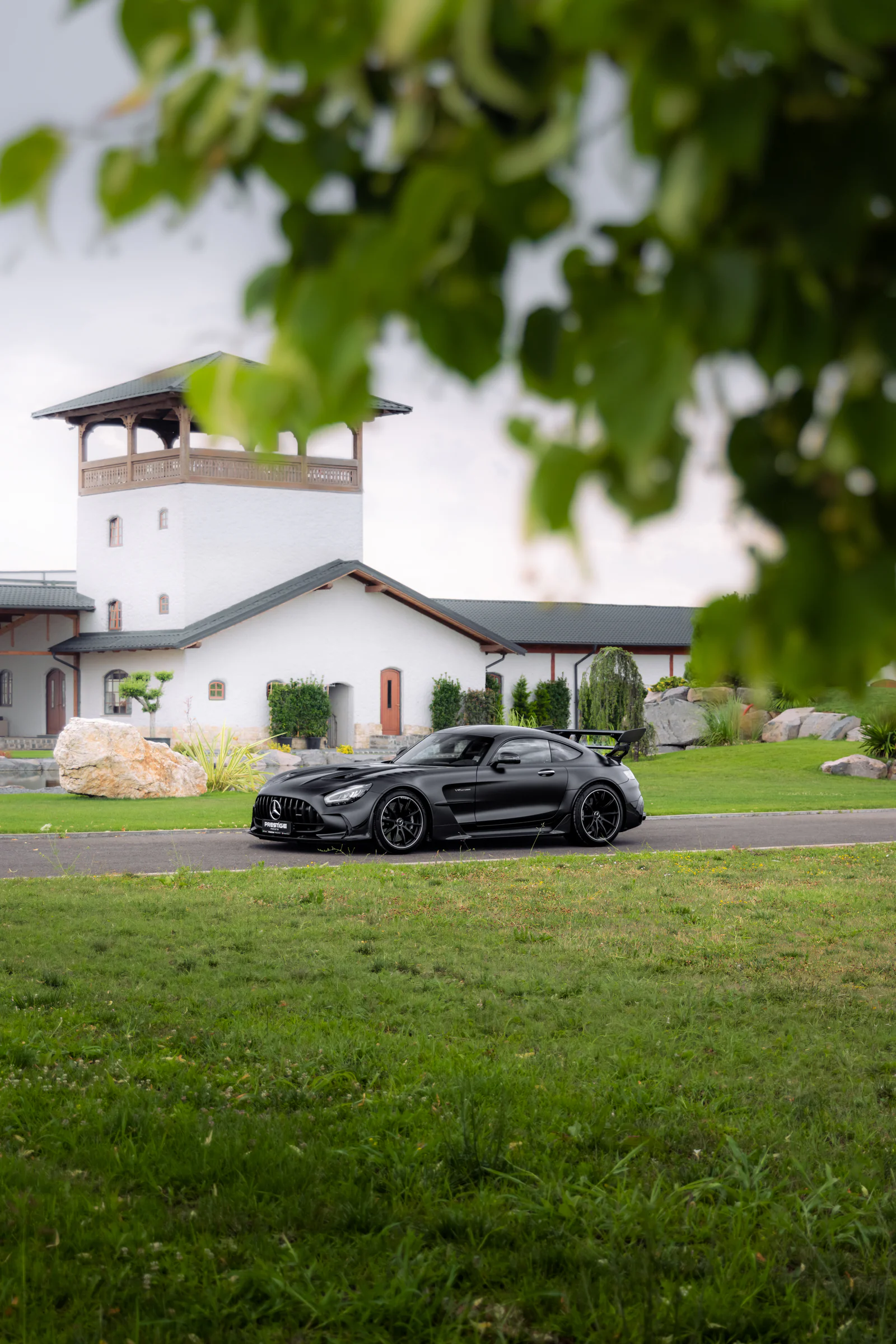Black Series and courtyard tower framed by green leaves