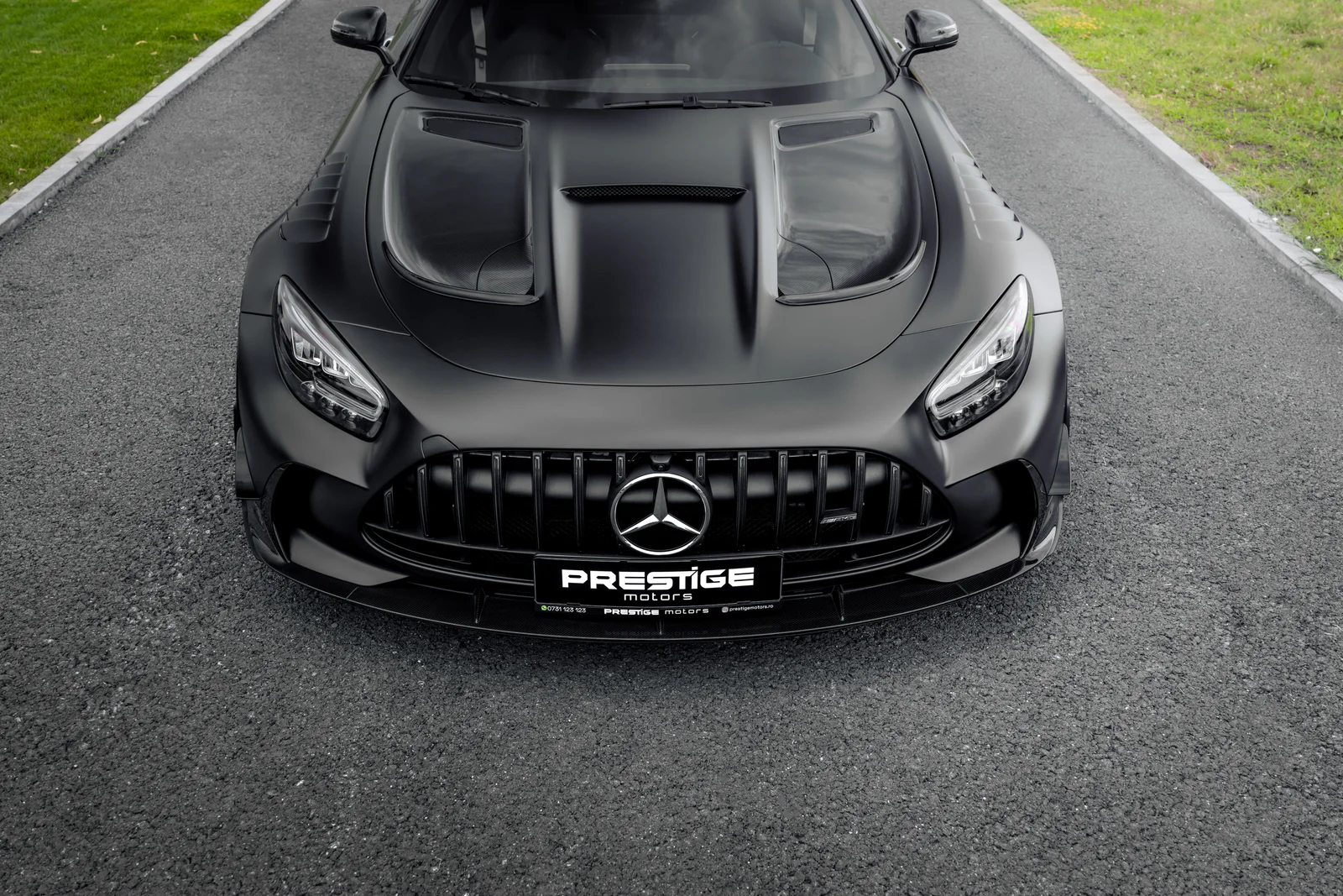 Overhead bonnet and grille showing carbon-fibre aerodynamic surfaces