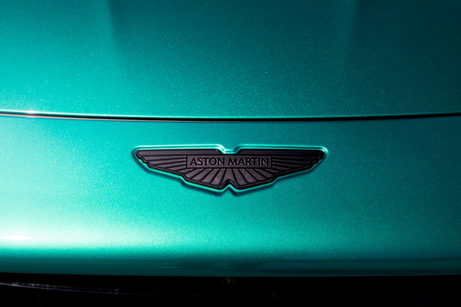 Black Aston Martin wings badge against metallic turquoise paint