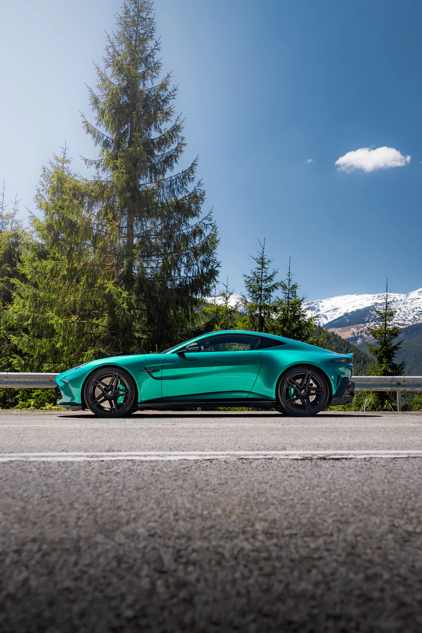Side profile of the Vantage beneath tall conifers and a blue sky