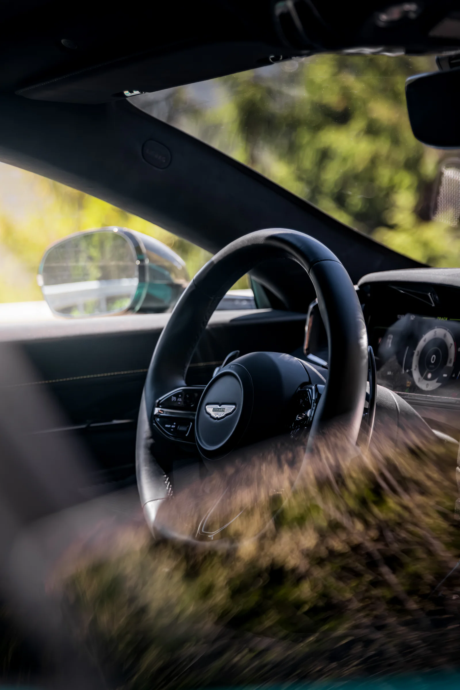 Aston Martin steering wheel seen through glass with reflections of trees
