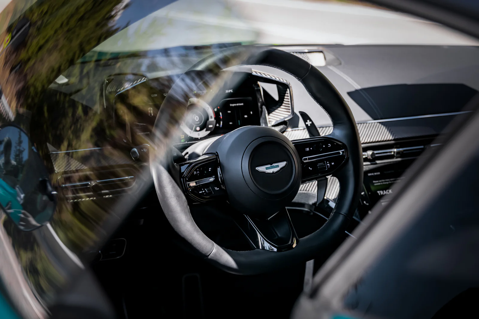 Aston Martin steering wheel and carbon-fibre cockpit seen through reflected branches