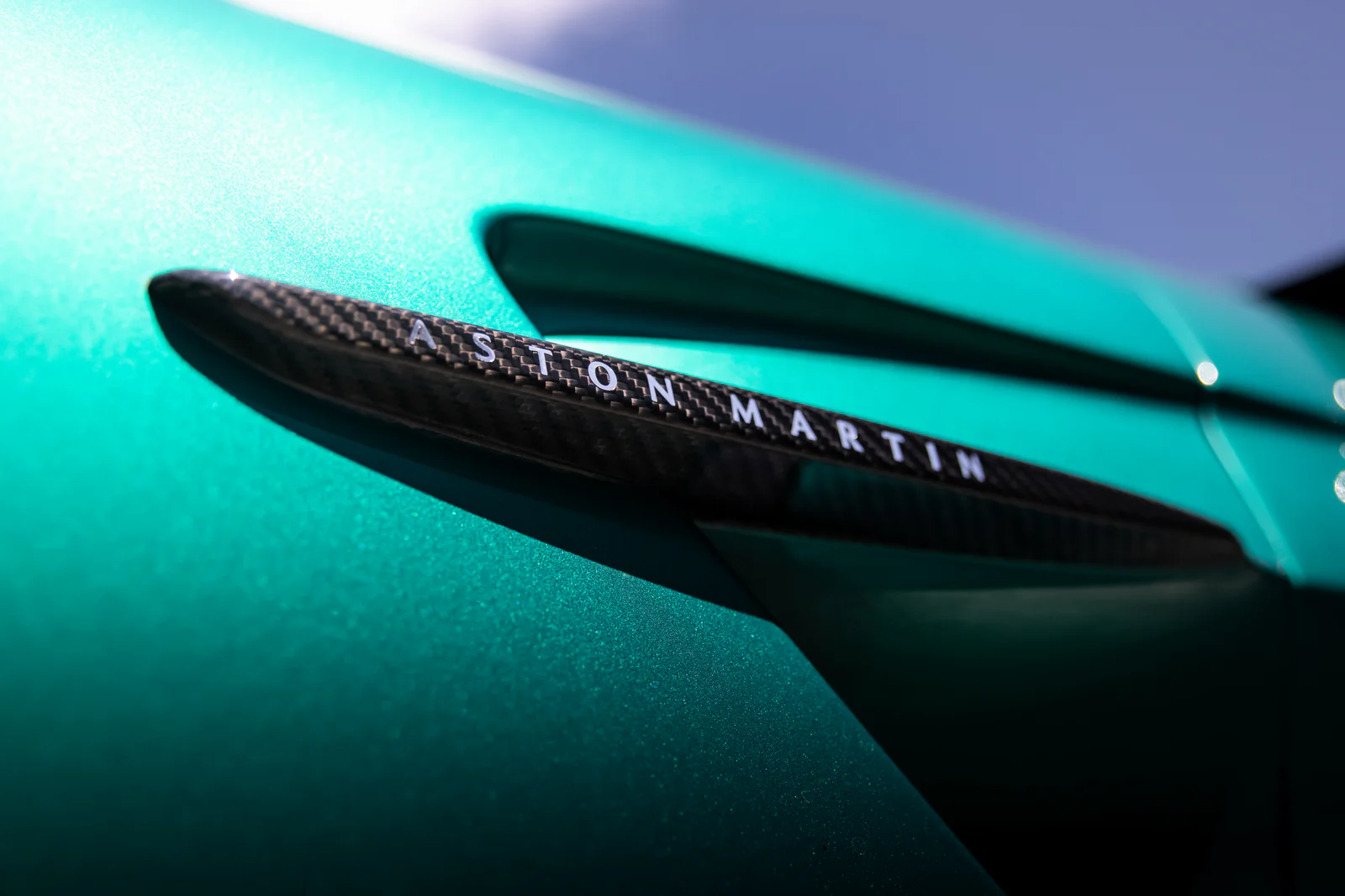 Carbon-fibre side strake with Aston Martin lettering on turquoise bodywork