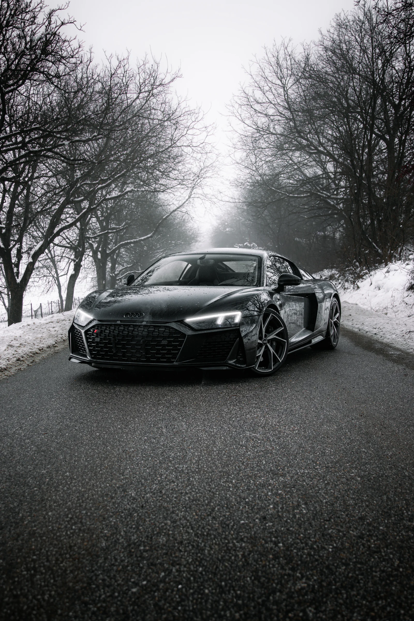 Front three-quarter portrait of the black R8 on the snowy avenue