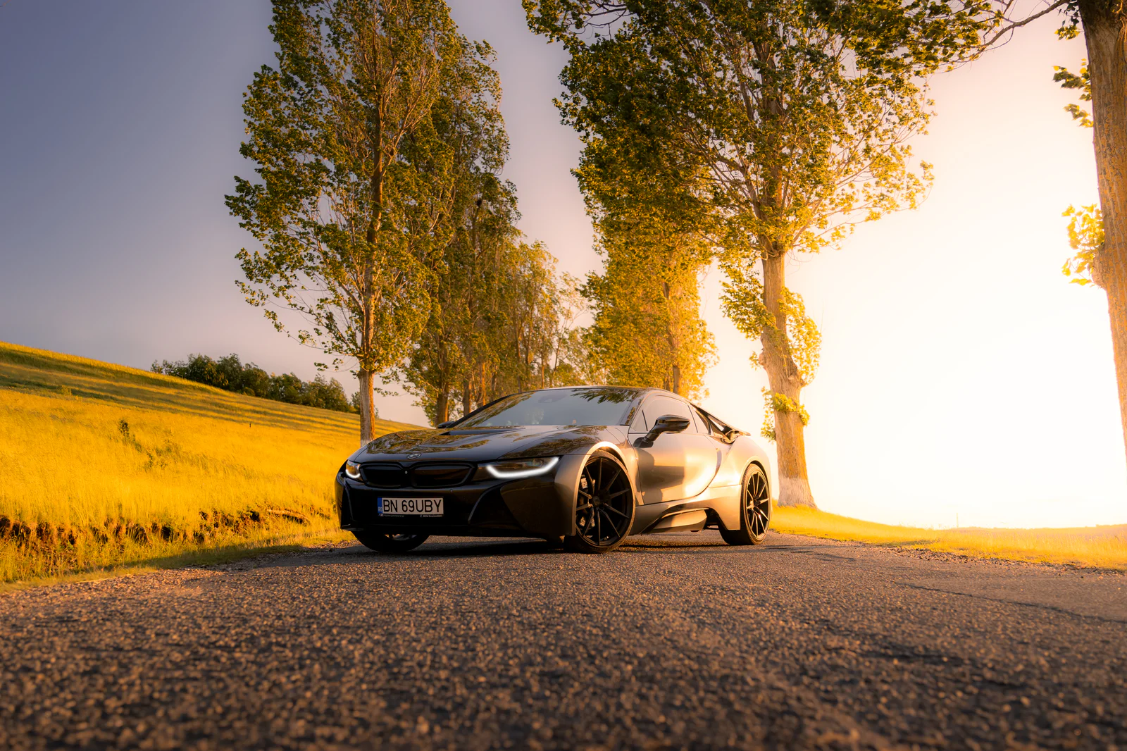 Low front three-quarter BMW i8 view on a tree-lined country road