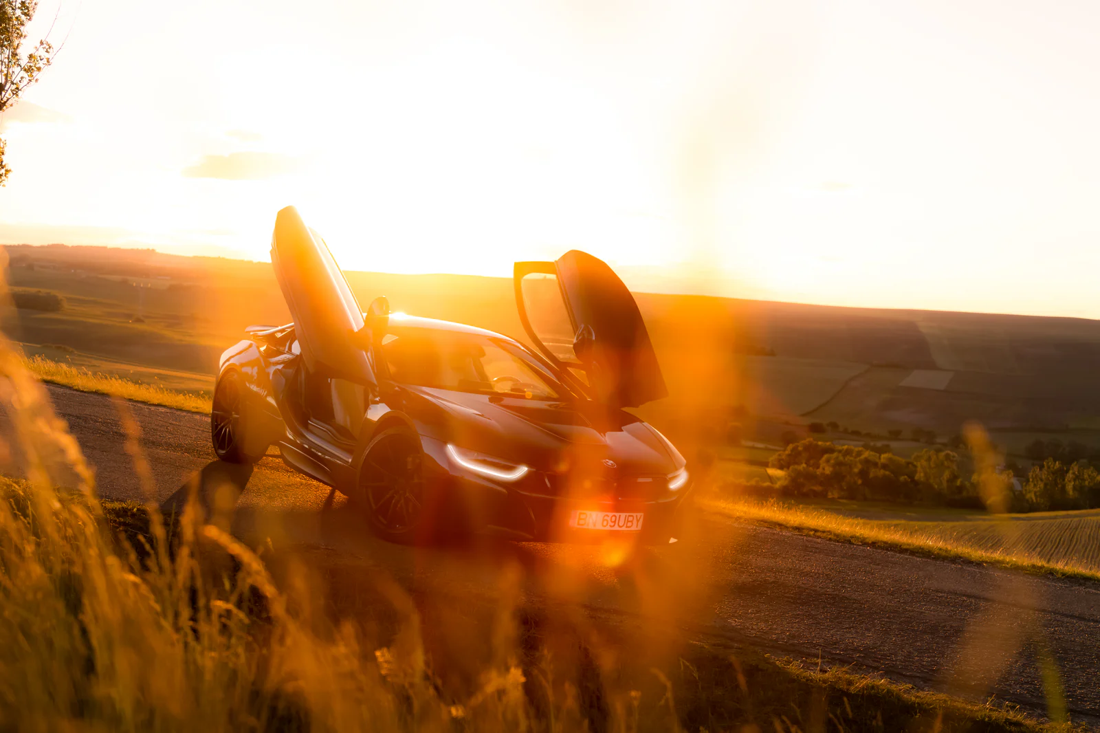 Wide view of the BMW i8 with both doors raised in golden sunlight