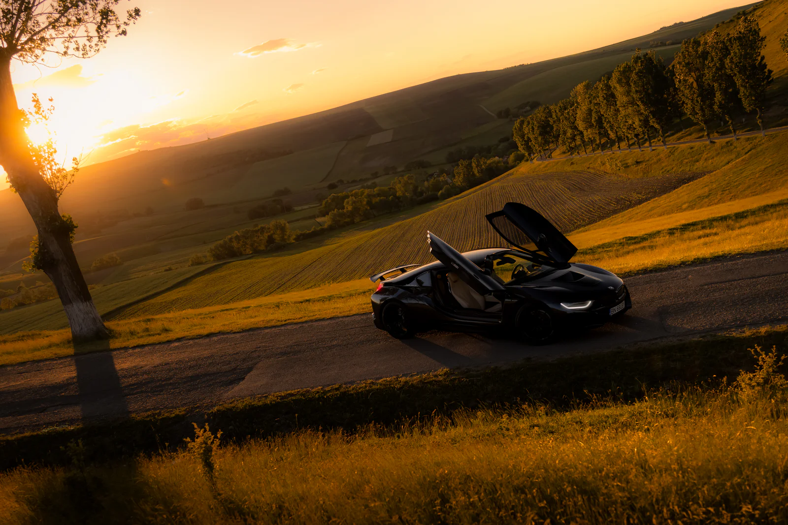 Wide diagonal view of the BMW i8 overlooking fields at sunset