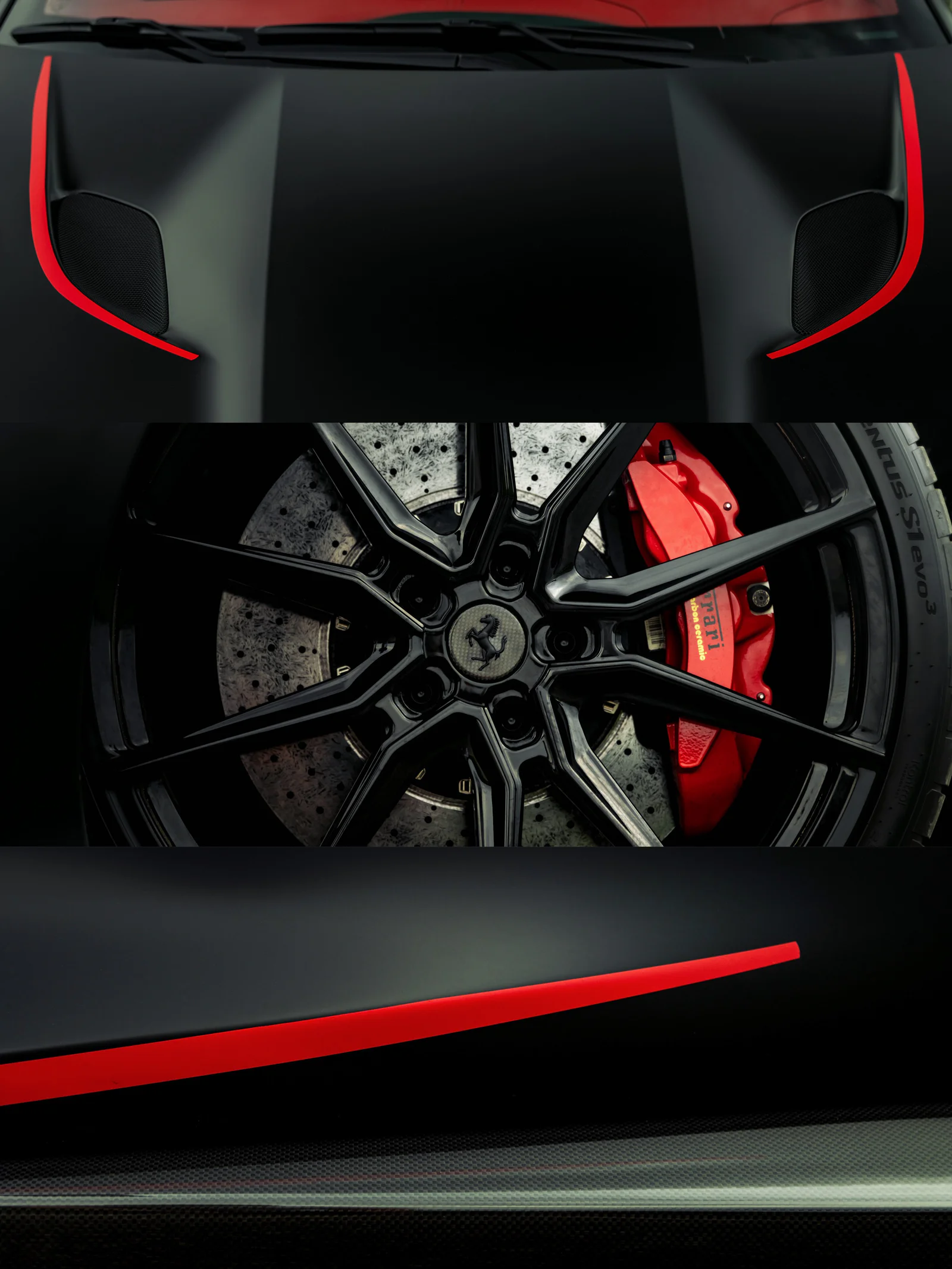 Original three-panel composition of the Ferrari bonnet, wheel and red bodywork accents