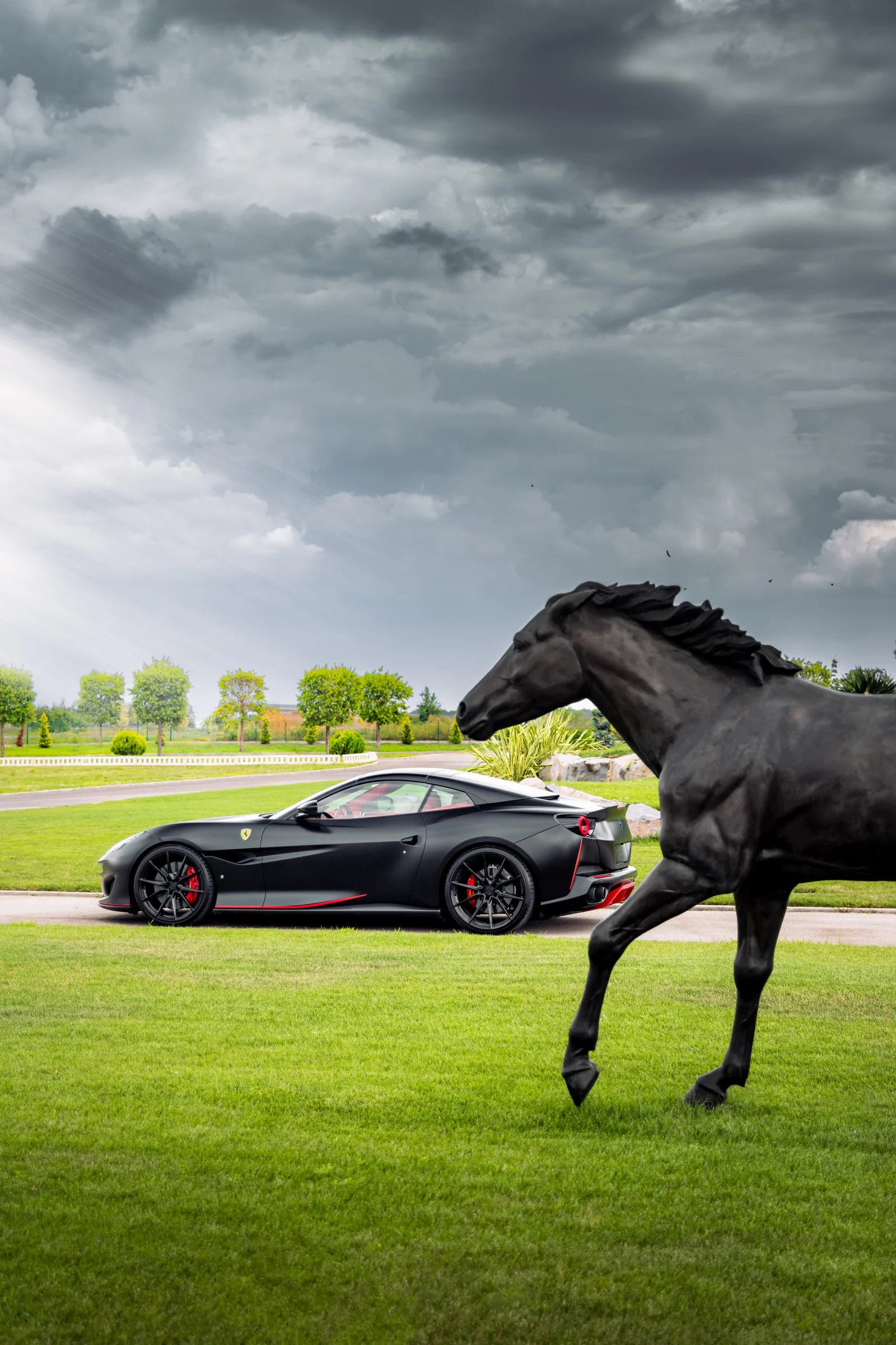 Black horse sculpture framing the side profile of the Ferrari Portofino