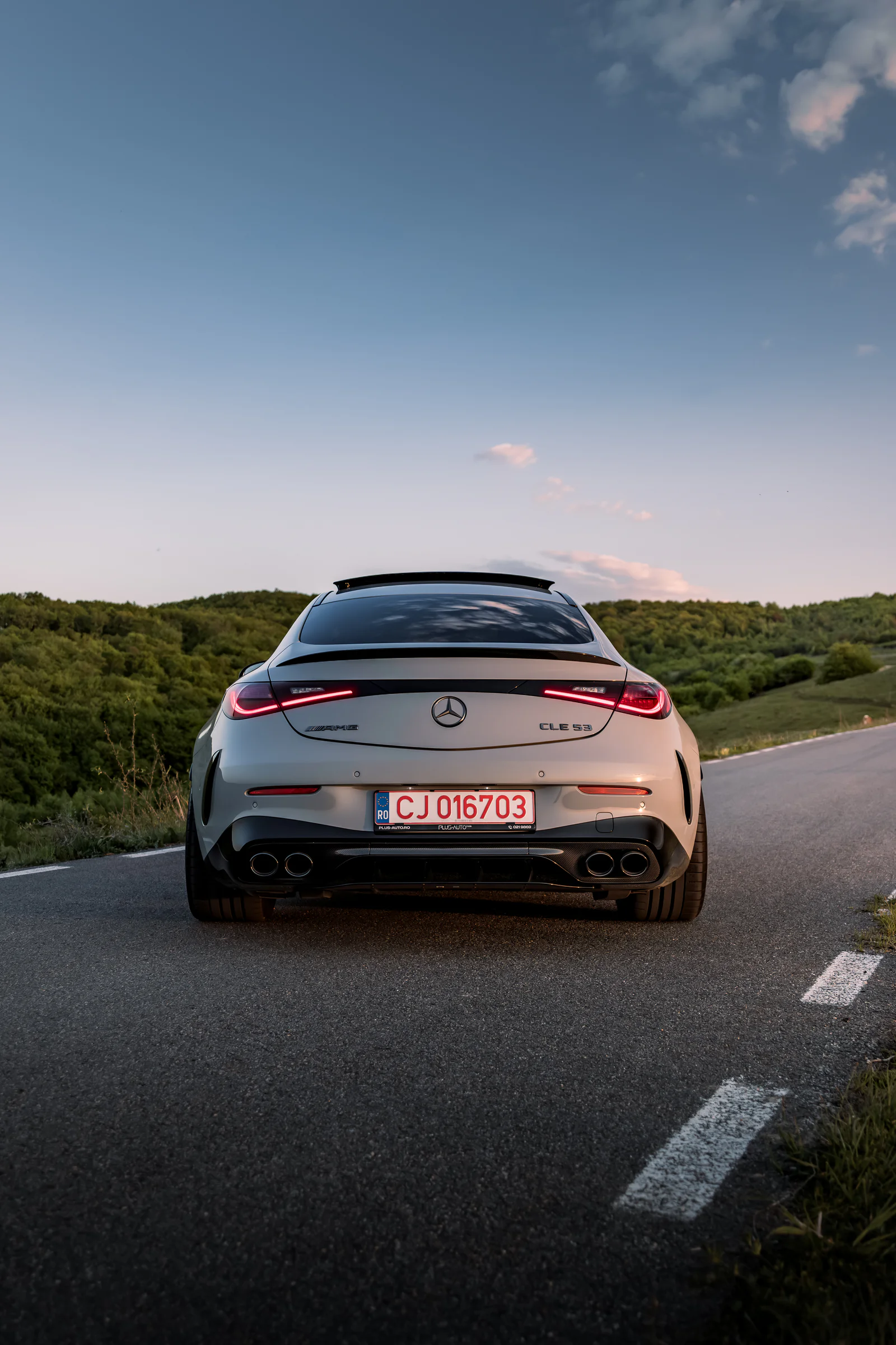 Full rear portrait of the CLE 53 on the winding country road
